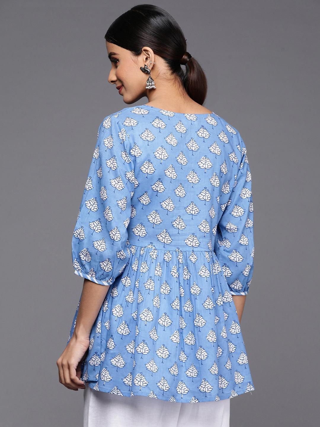 Blue Printed Cotton A-Line Kurti - ShopLibas