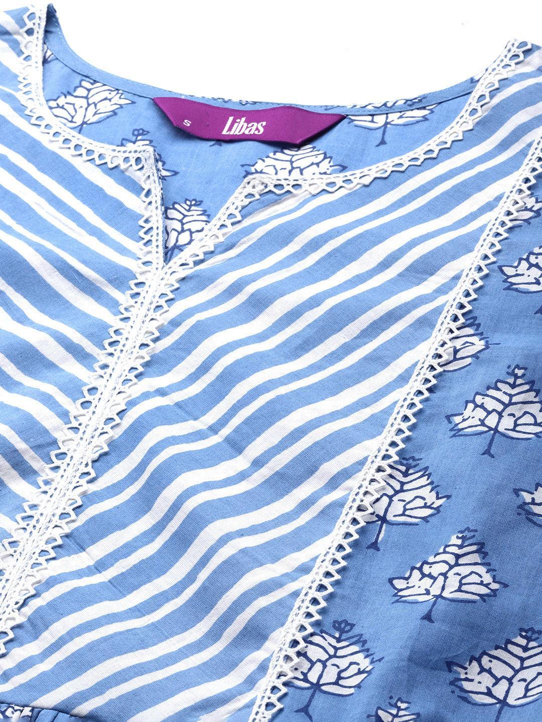 Blue Printed Cotton A-Line Kurti - ShopLibas