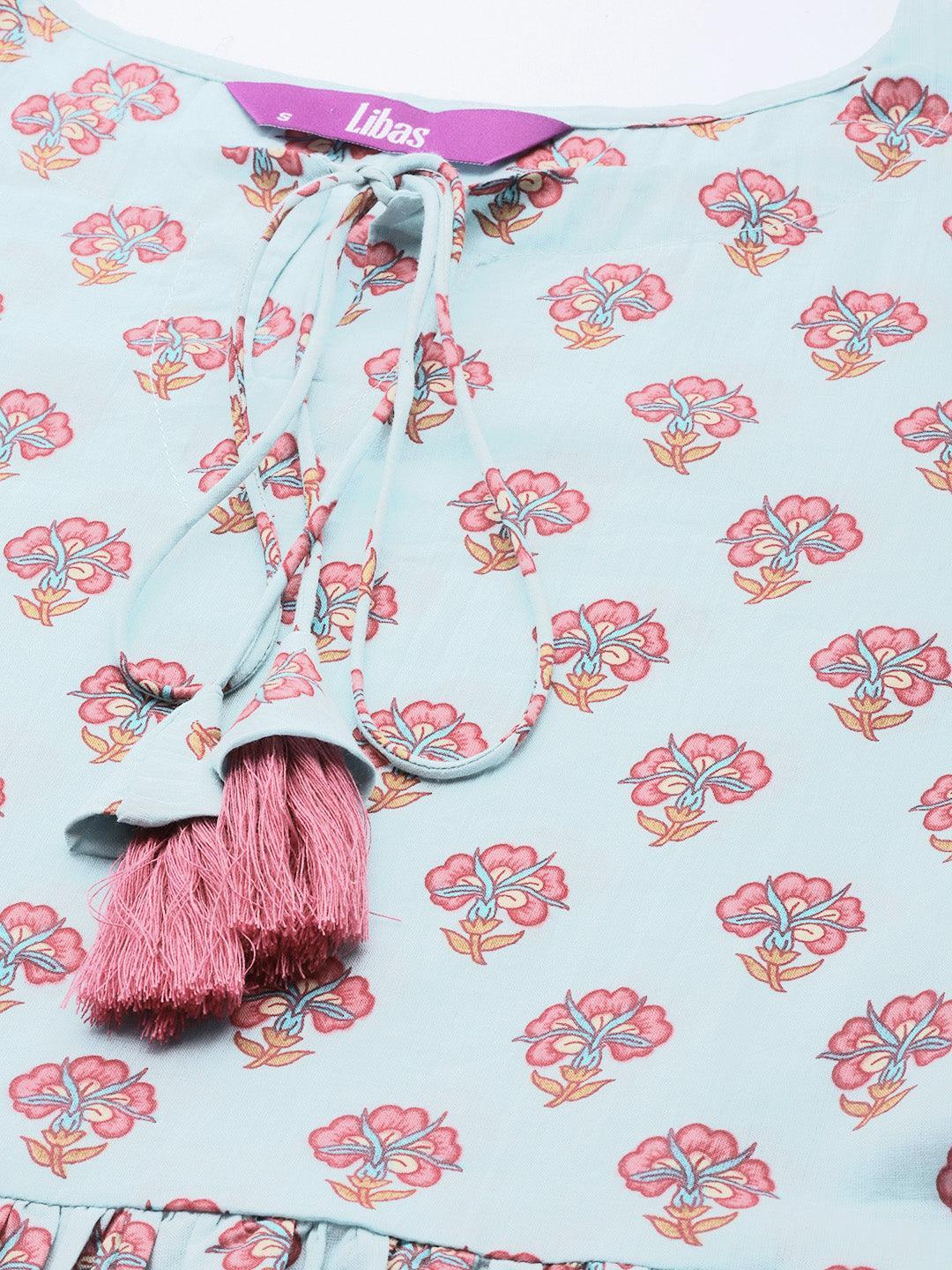 Blue Printed Cotton A-Line Kurti - ShopLibas