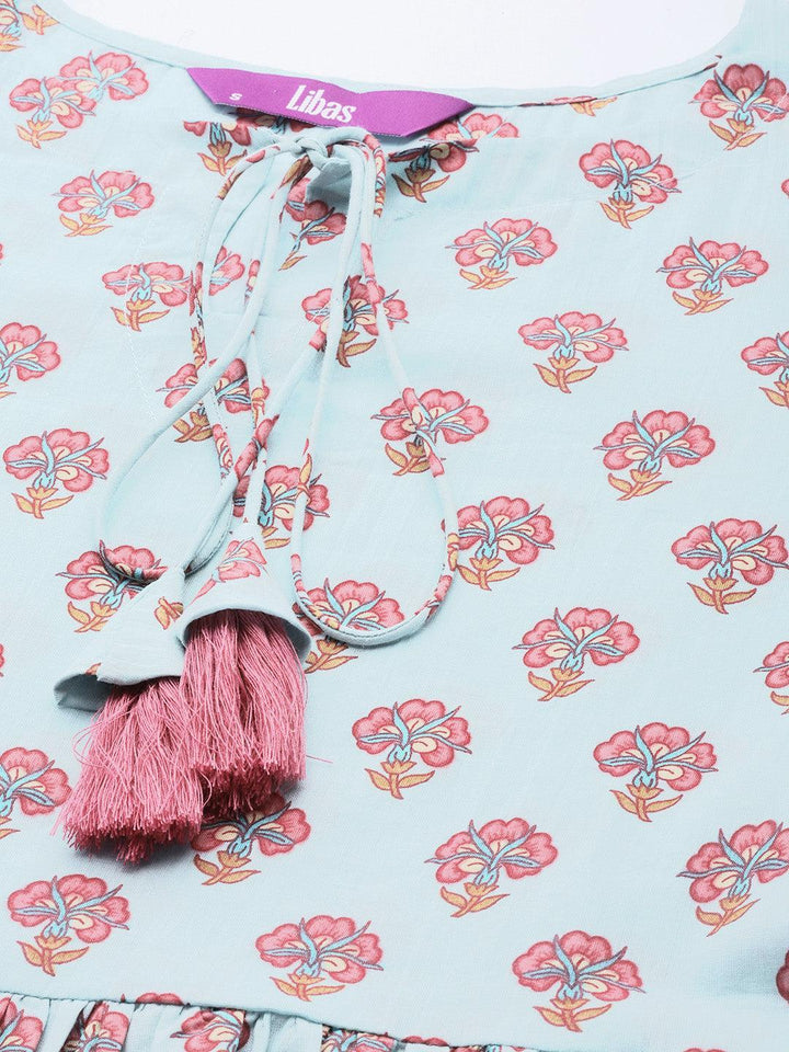 Blue Printed Cotton A-Line Kurti