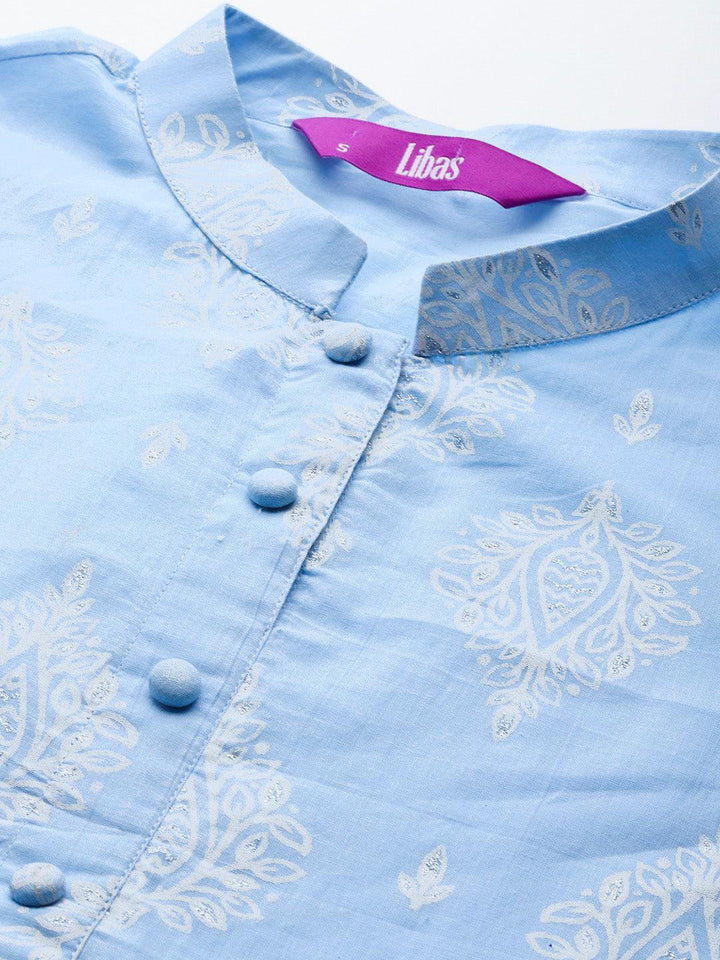 Blue Printed Cotton A-Line Kurti