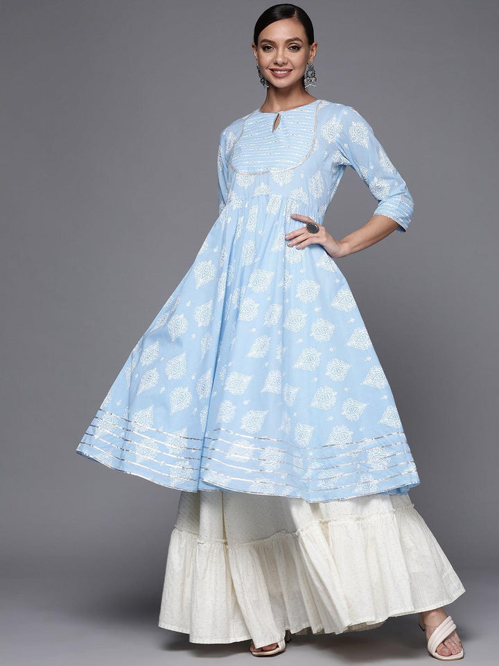 Blue Printed Cotton Anarkali Kurta