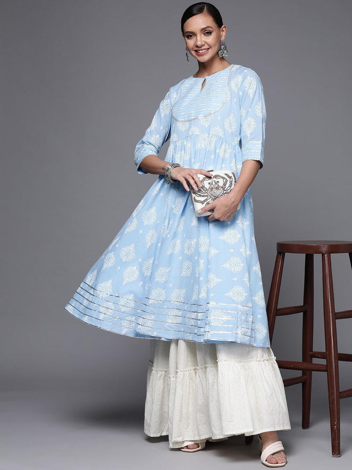 Blue Printed Cotton Anarkali Kurta