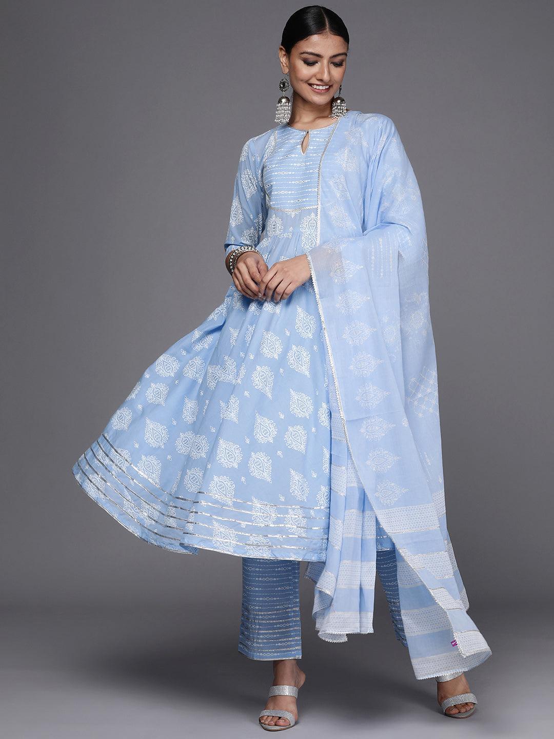 Blue Printed Cotton Anarkali Suit Set - ShopLibas