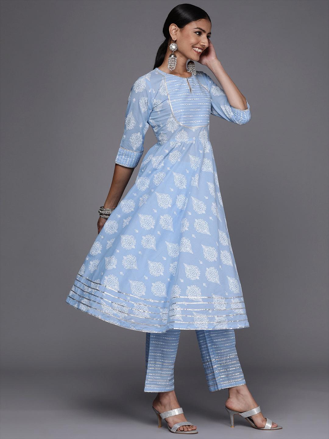 Blue Printed Cotton Anarkali Suit Set - ShopLibas