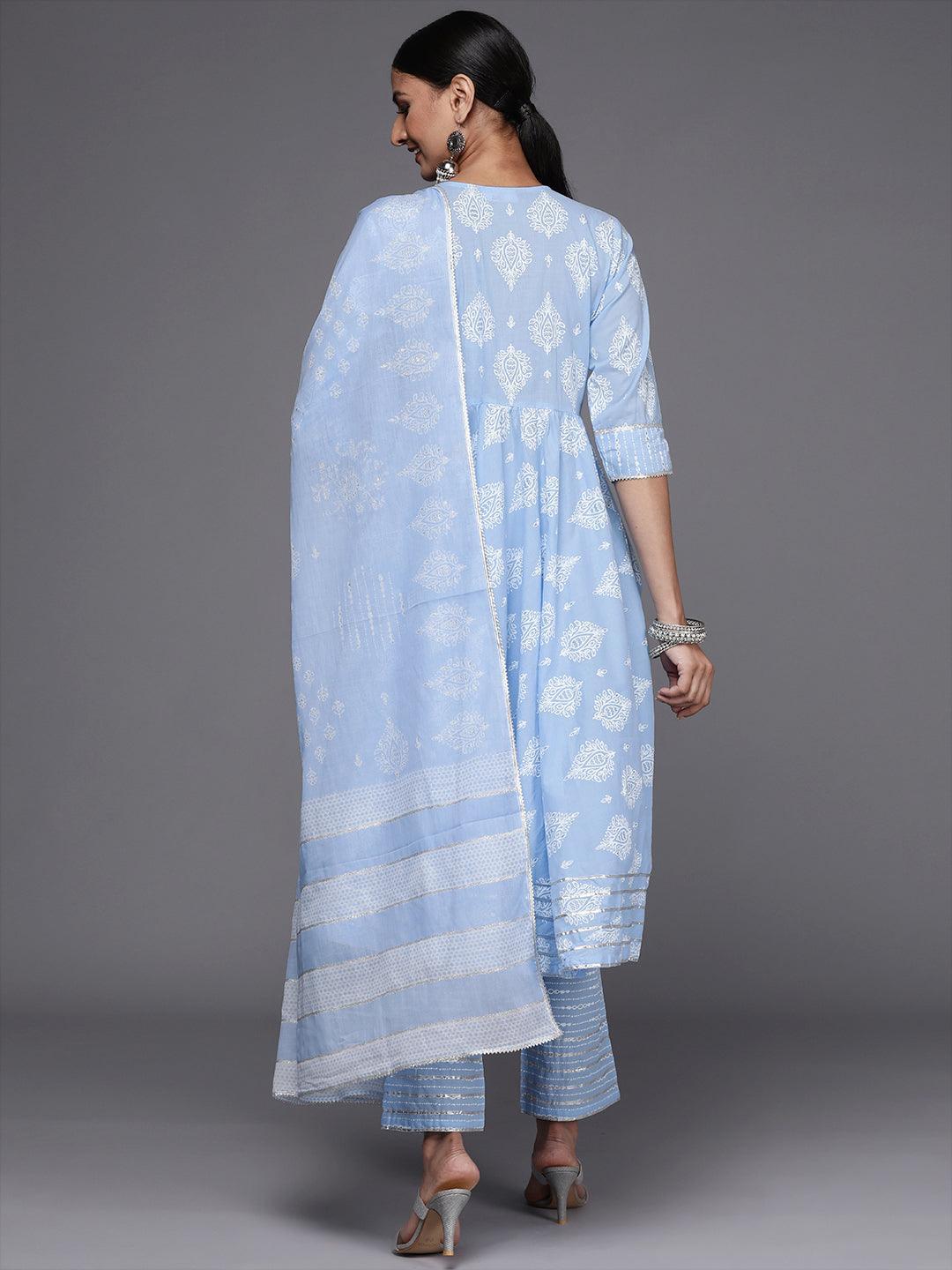 Blue Printed Cotton Anarkali Suit Set - ShopLibas