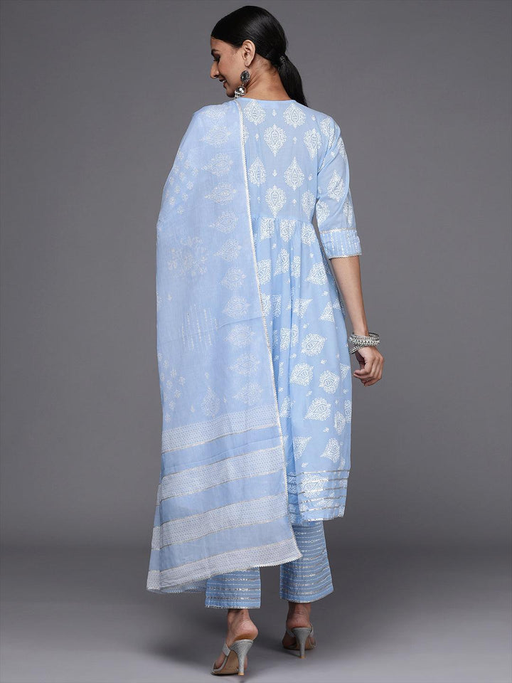 Blue Printed Cotton Anarkali Suit Set