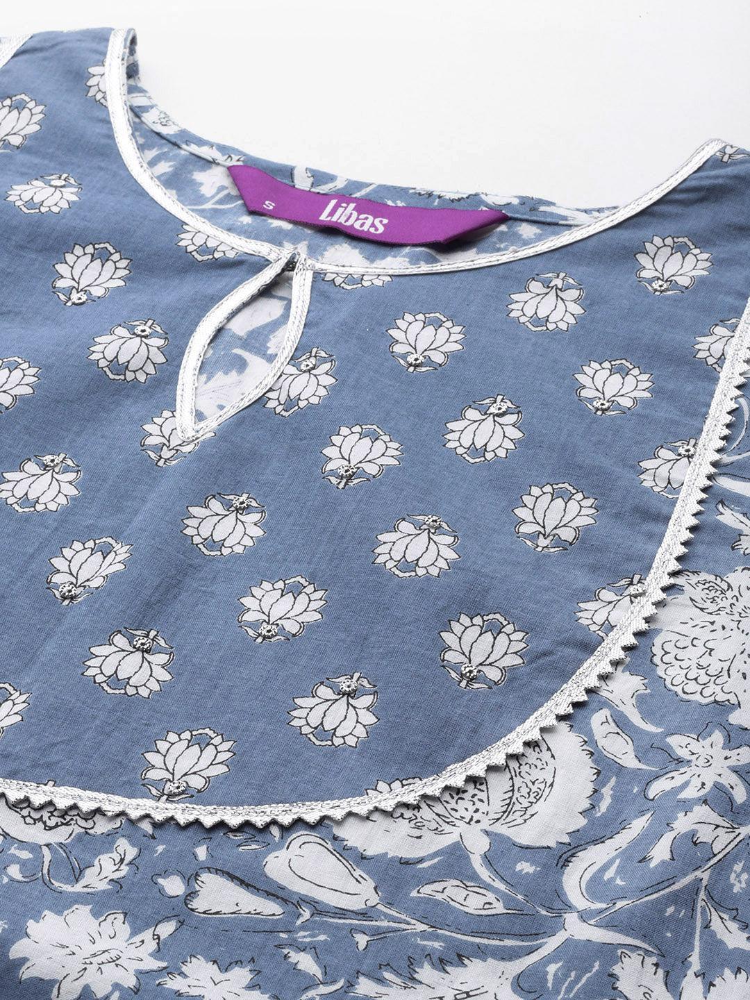 Blue Printed Cotton Anarkali Kurta With Trousers & Dupatta - Libas