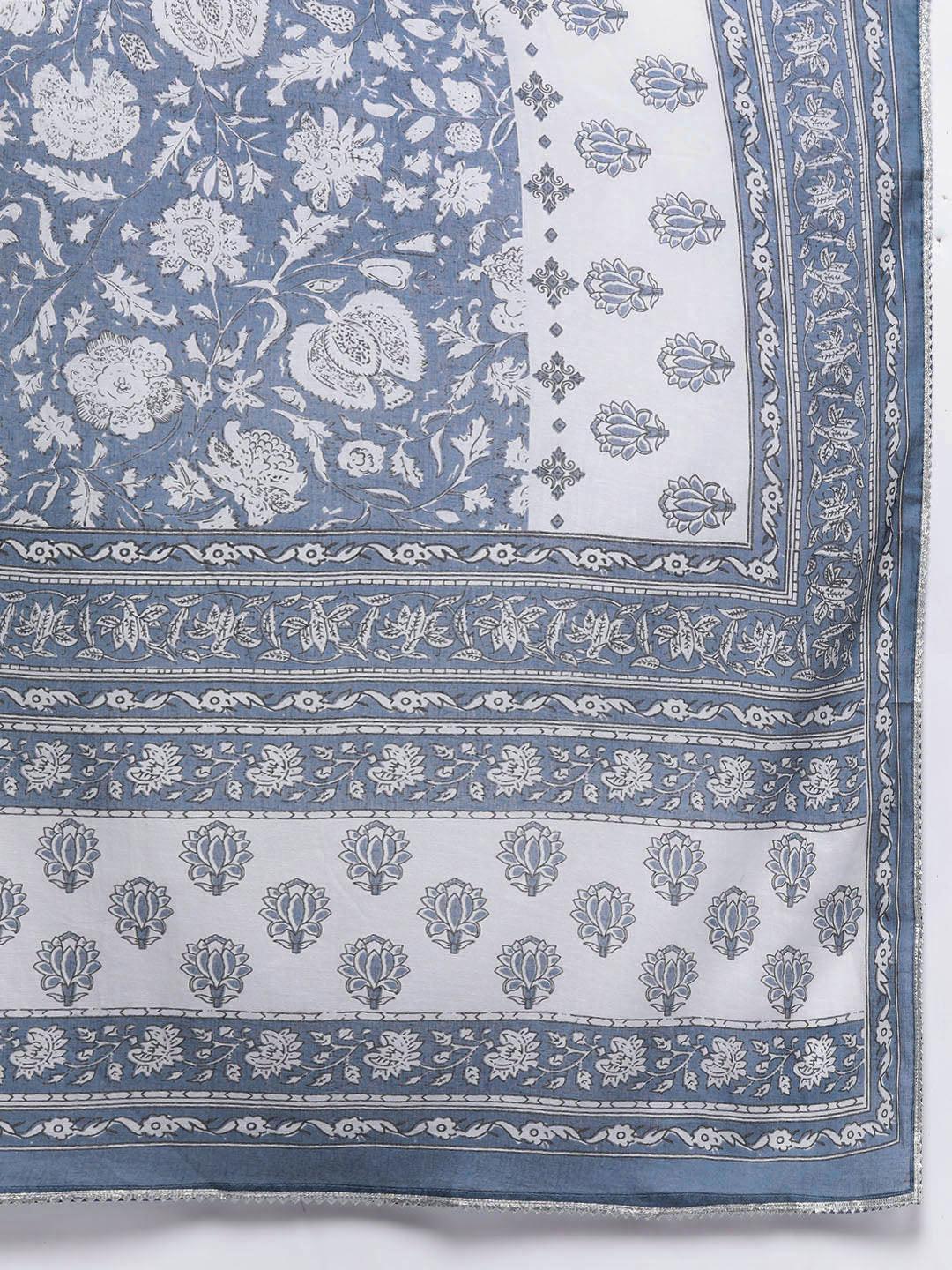 Blue Printed Cotton Anarkali Kurta With Trousers & Dupatta - Libas