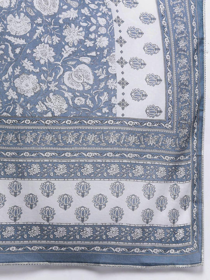 Blue Printed Cotton Anarkali Kurta With Trousers & Dupatta