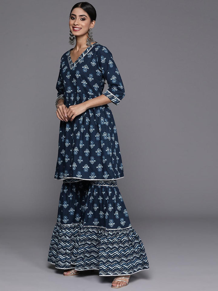 Blue Printed Cotton Anarkali Kurti With Sharara & Dupatta