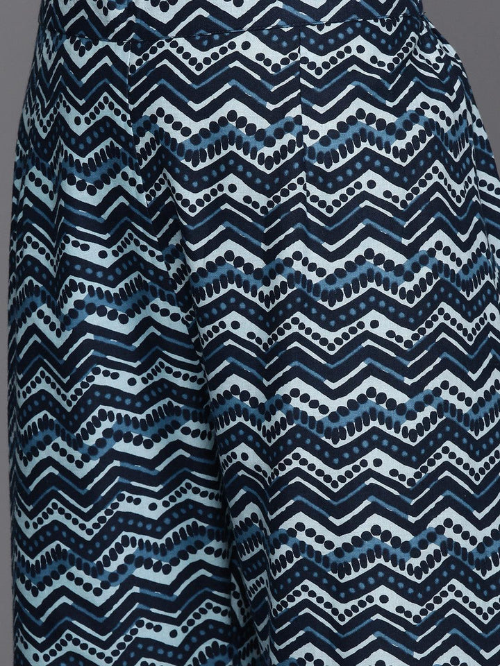 Blue Printed Cotton Anarkali Kurti With Sharara & Dupatta