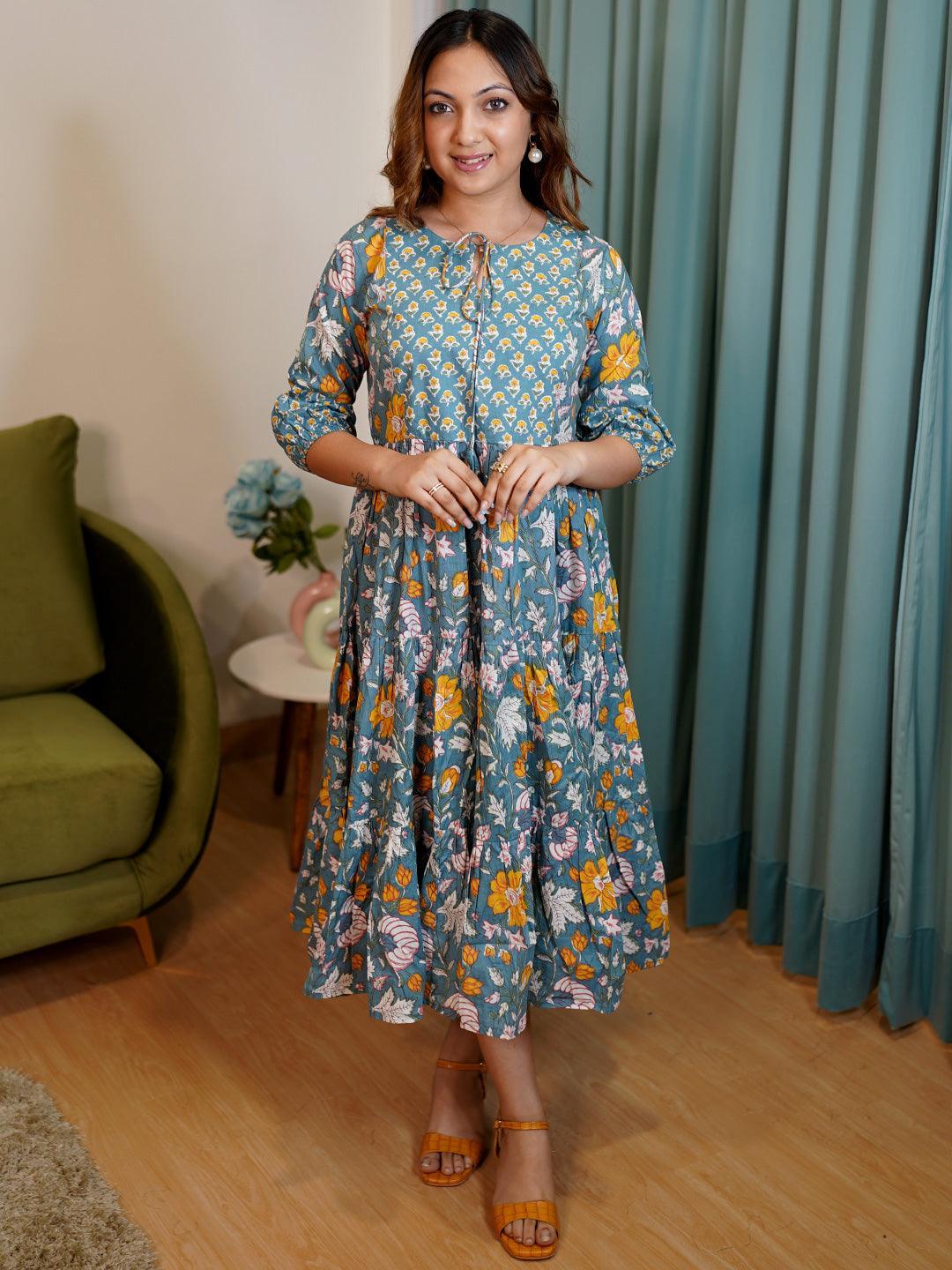 Blue Printed Cotton Fit and Flare Dress Blue Printed Cotton Fit and Flare Dress