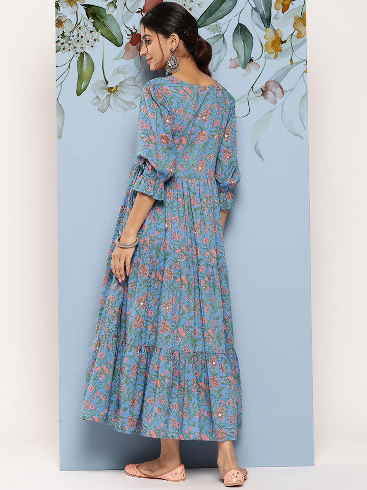 Blue Printed Cotton Fit and Flare Dress