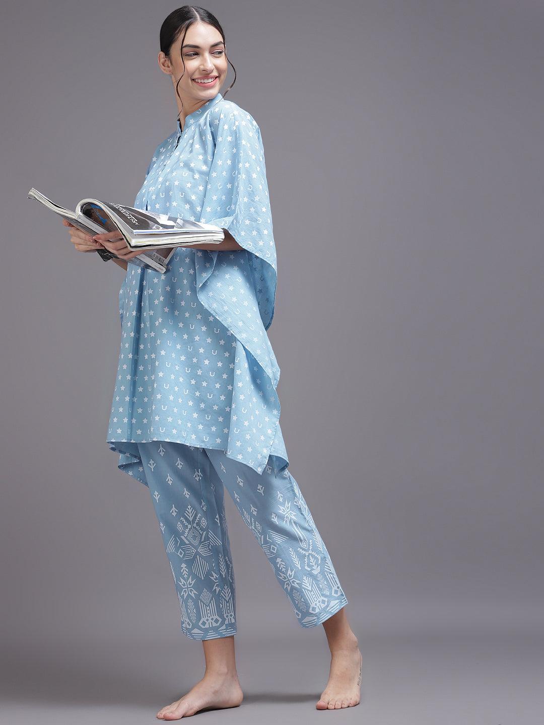Blue Printed Cotton Night Suit - ShopLibas