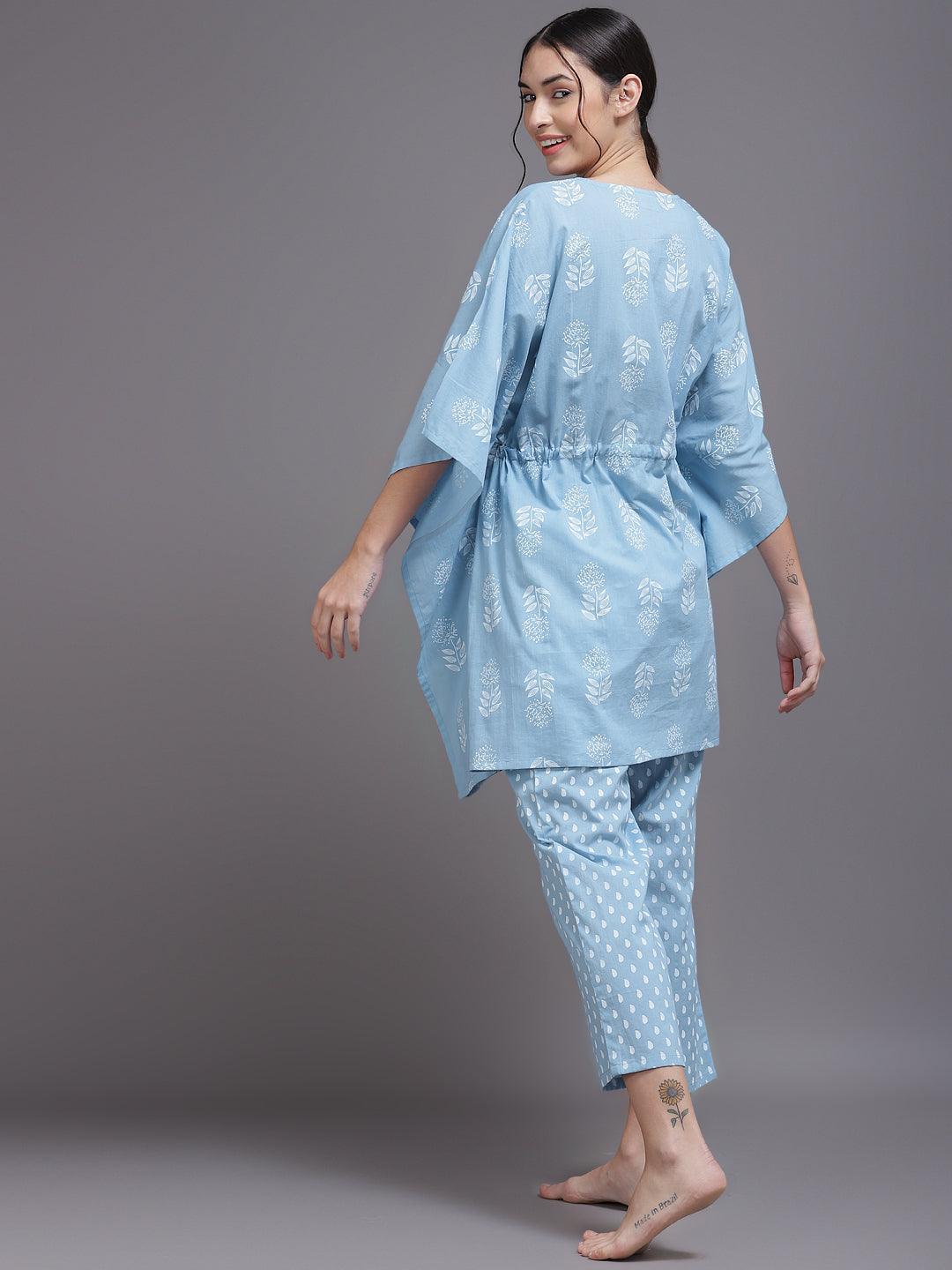 Blue Printed Cotton Night Suit - ShopLibas