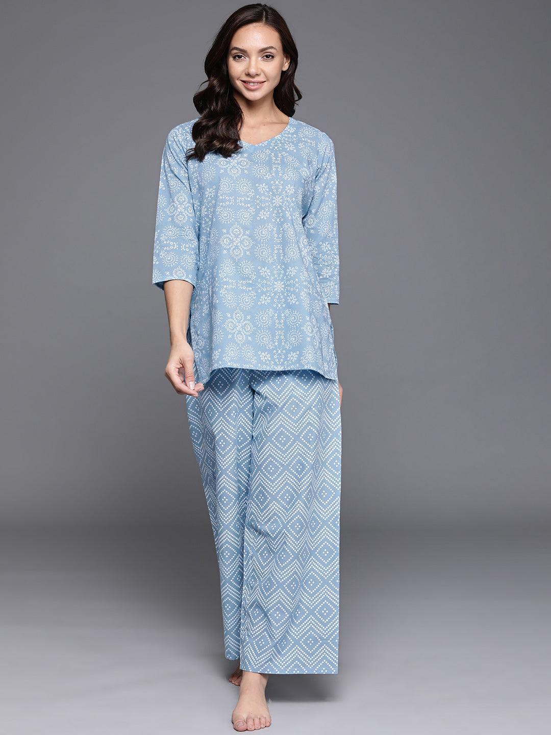Blue Printed Cotton Night Suit - ShopLibas
