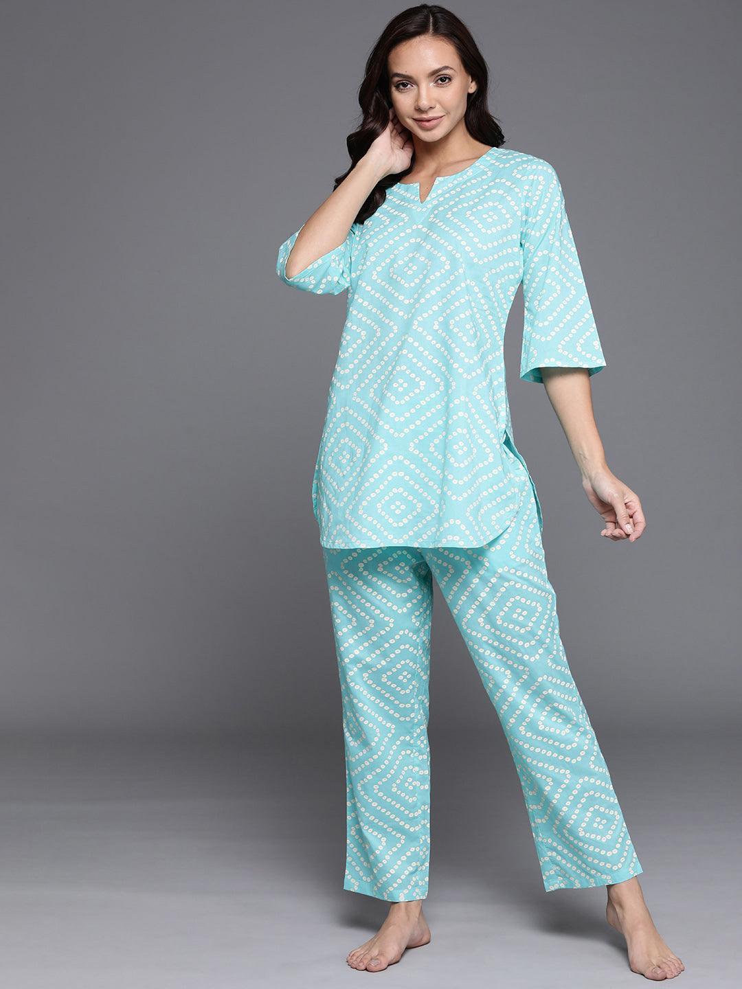 Blue Printed Cotton Night Suit - ShopLibas
