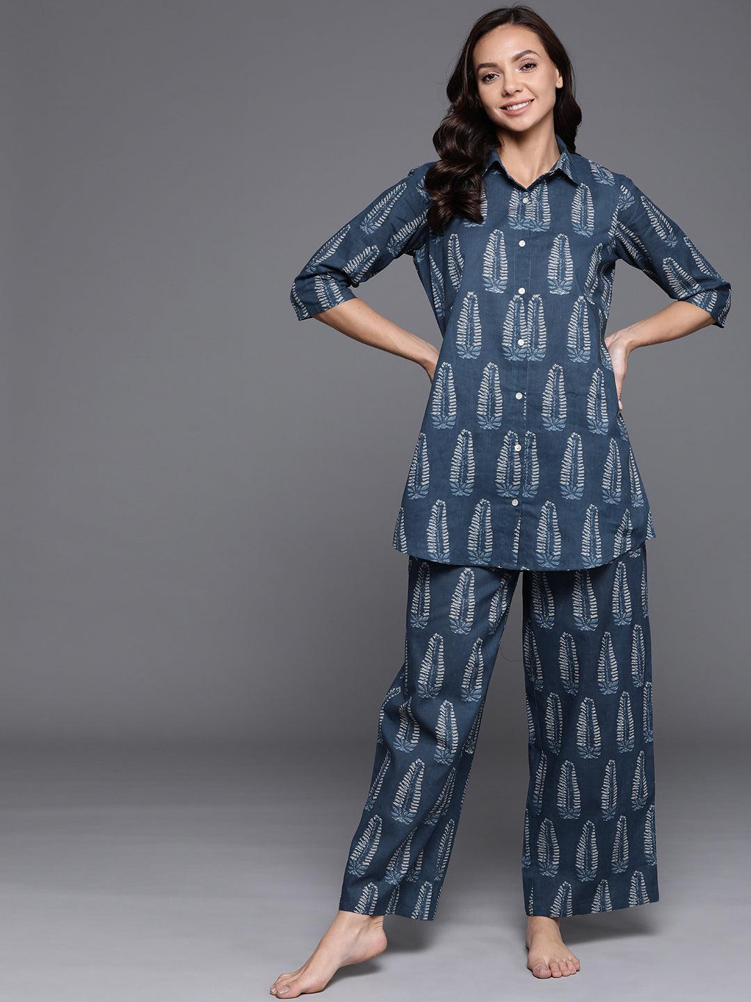 Blue Printed Cotton Night Suit - ShopLibas