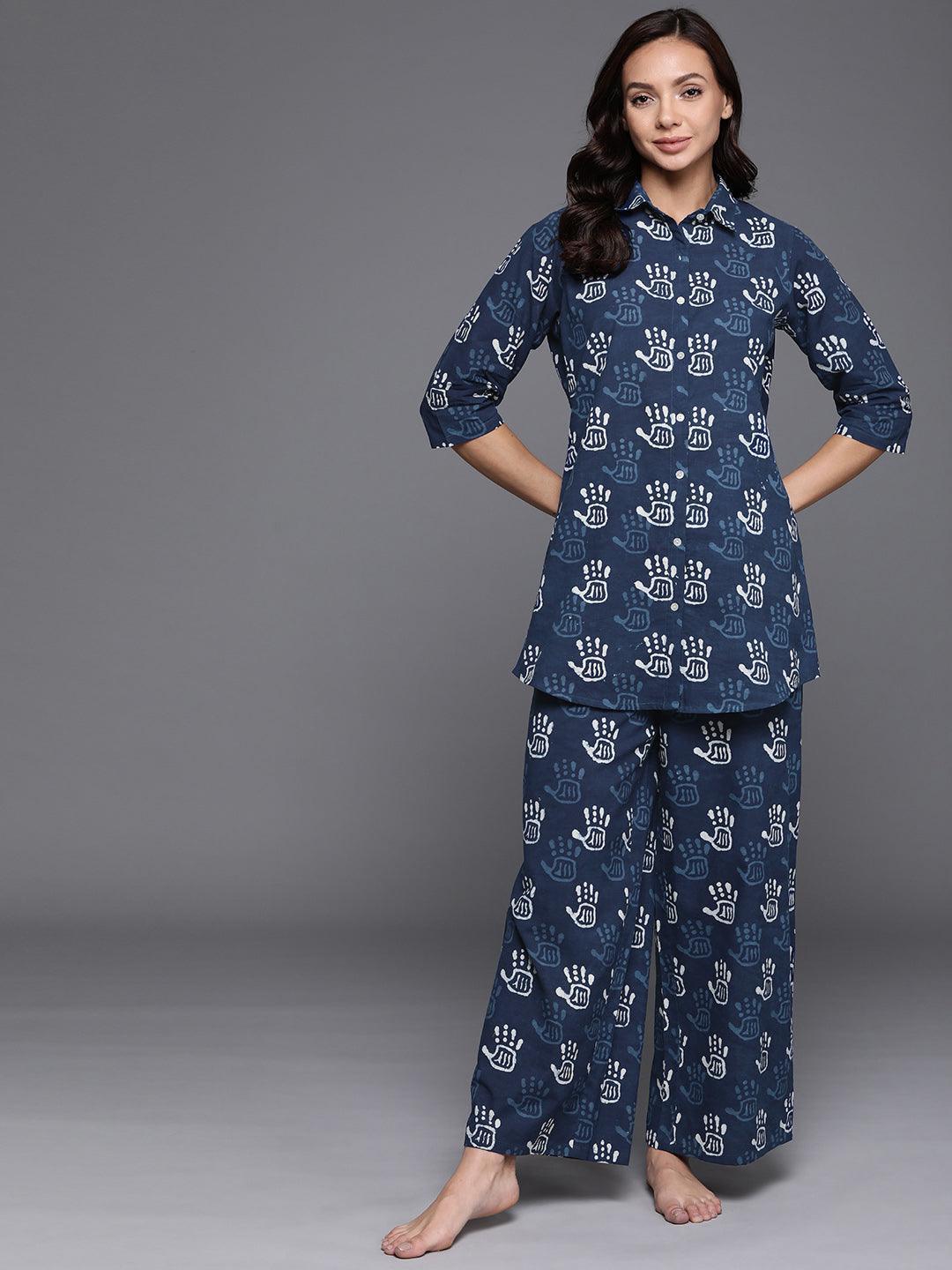 Blue Printed Cotton Night Suit - ShopLibas