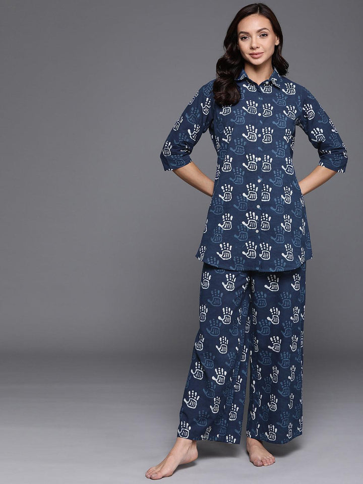 Blue Printed Cotton Night Suit
