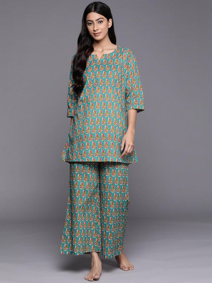 Blue Printed Cotton Night Suit