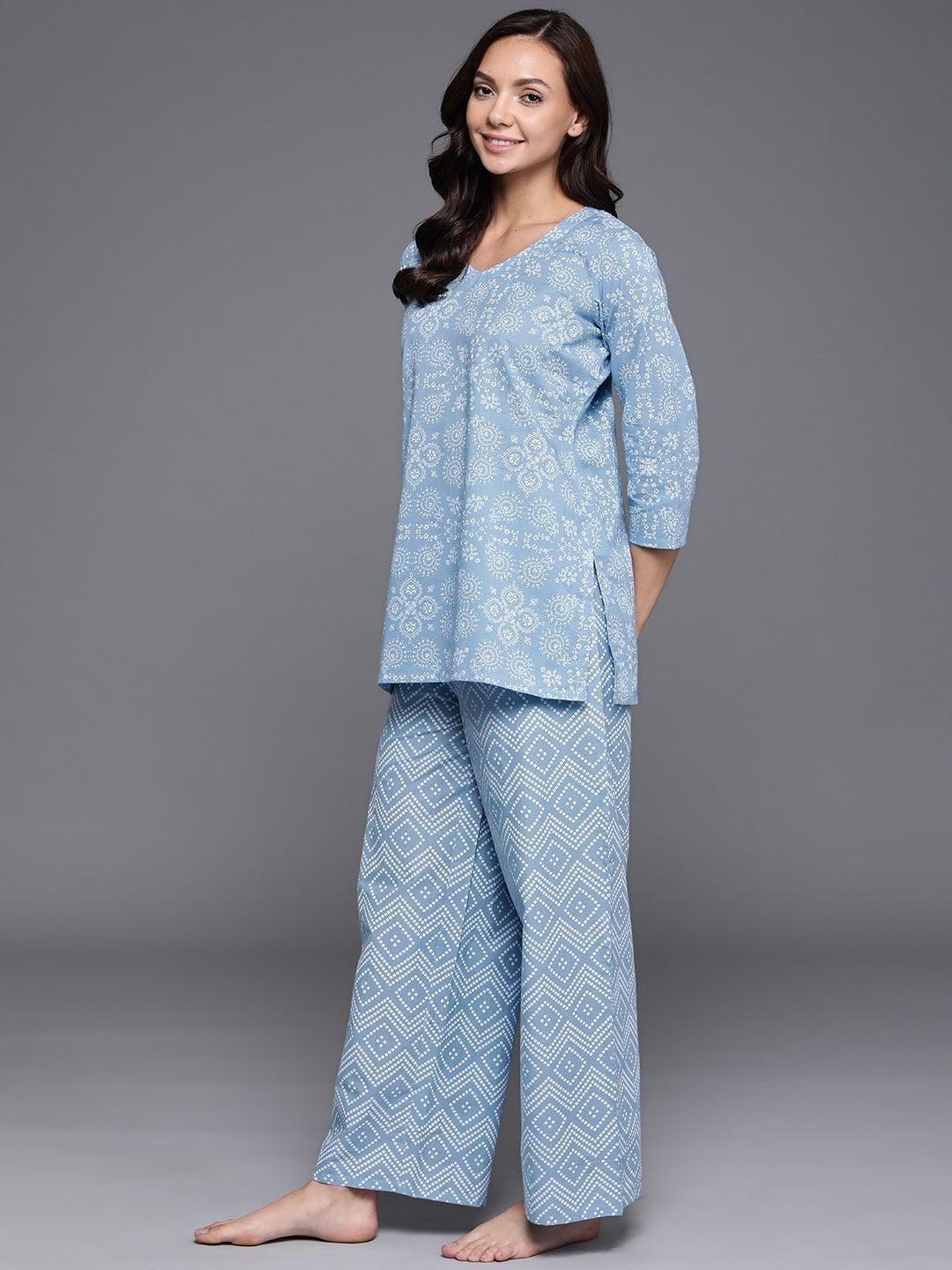 Blue Printed Cotton Night Suit - ShopLibas