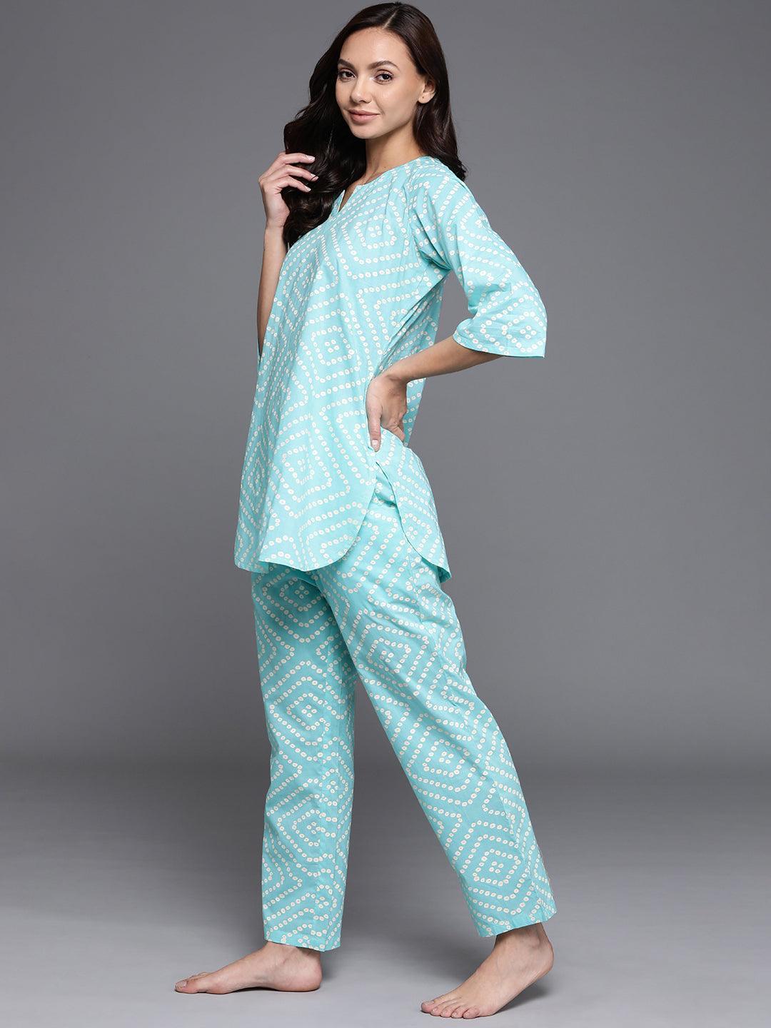 Blue Printed Cotton Night Suit - ShopLibas