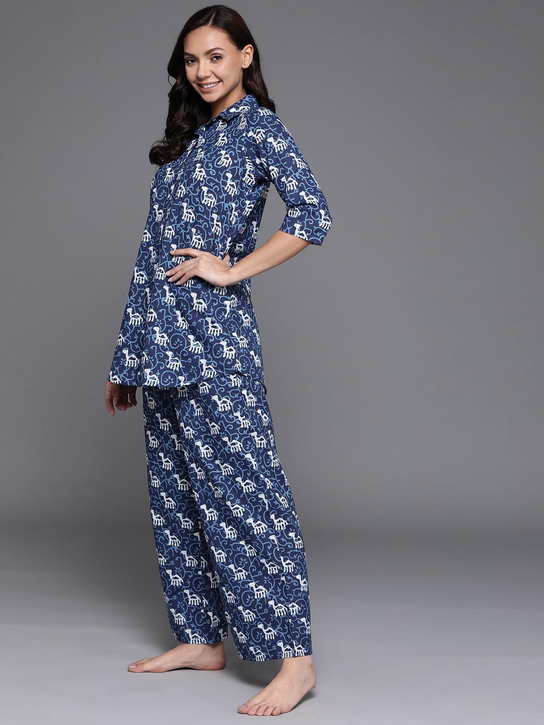 Blue Printed Cotton Night Suit - ShopLibas