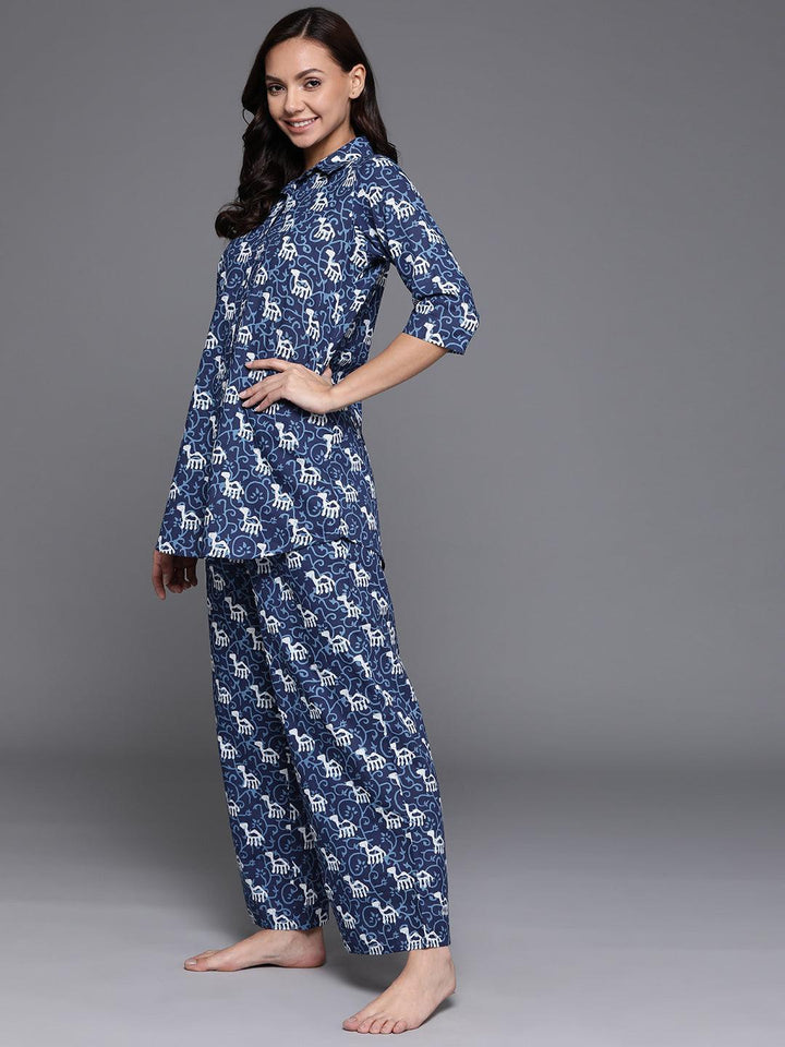 Blue Printed Cotton Night Suit
