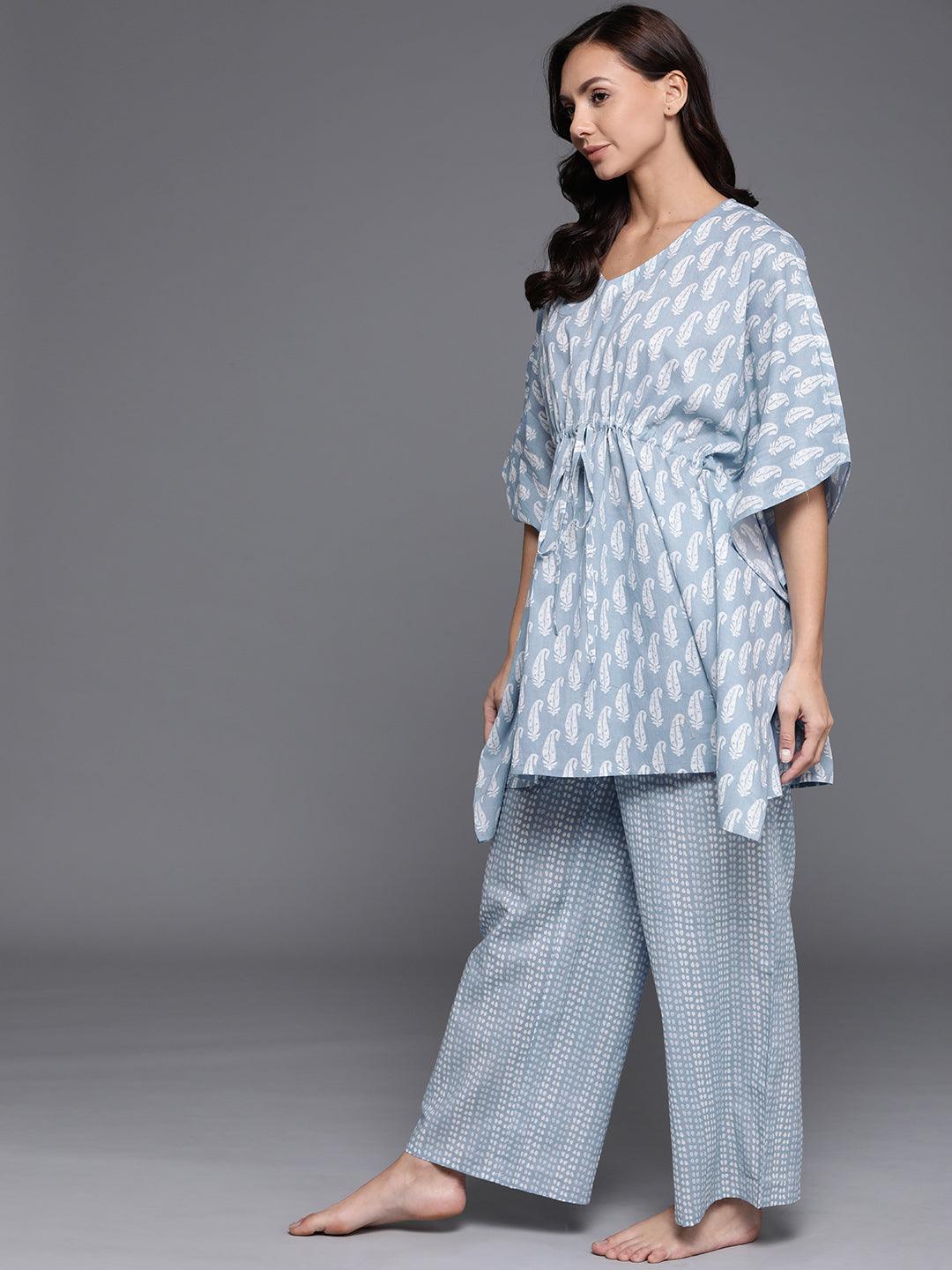 Blue Printed Cotton Night Suit - ShopLibas