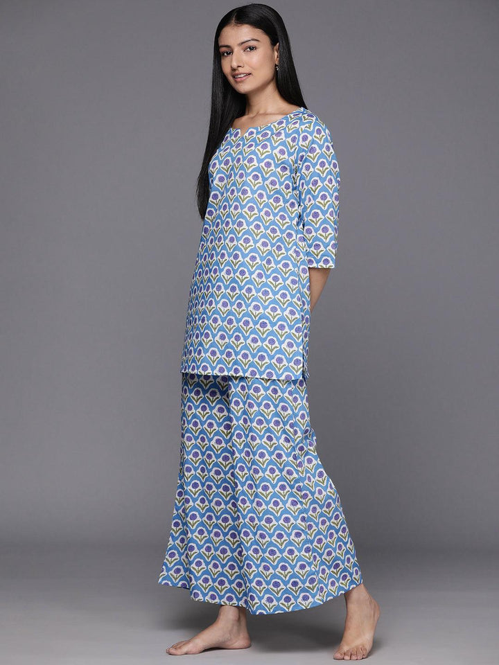 Blue Printed Cotton Night Suit