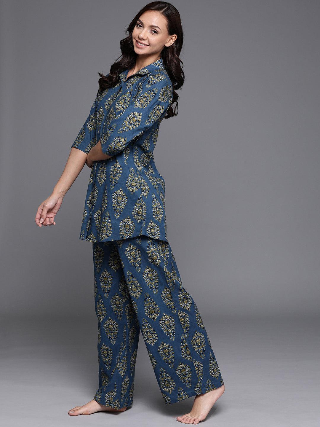Blue Printed Cotton Night Suit - ShopLibas