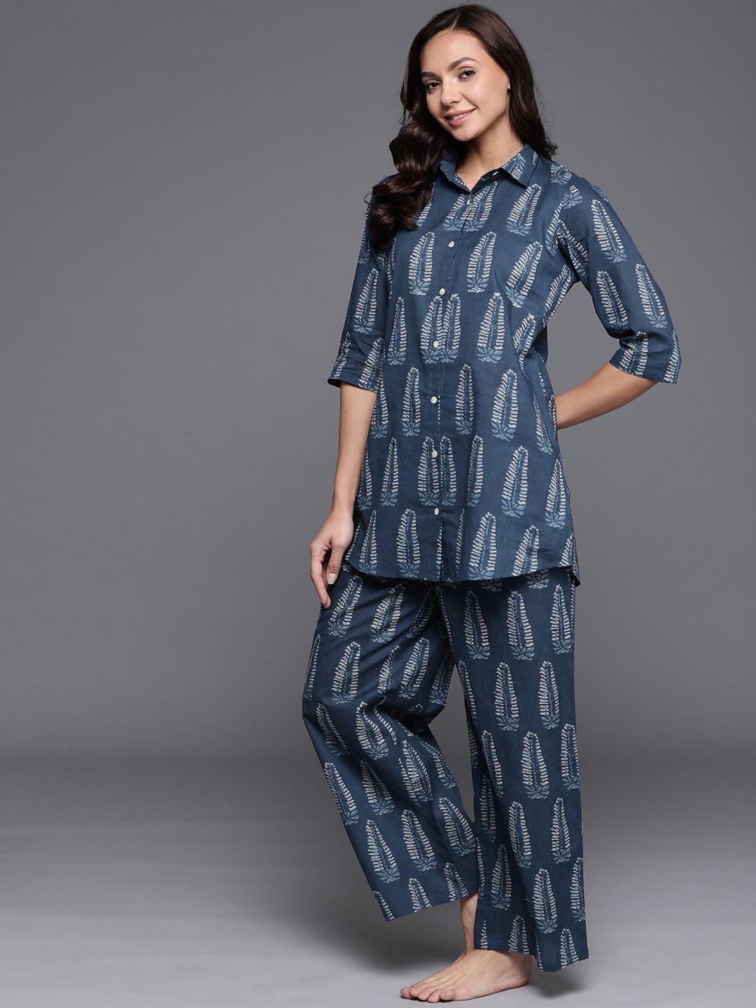 Blue Printed Cotton Night Suit - ShopLibas