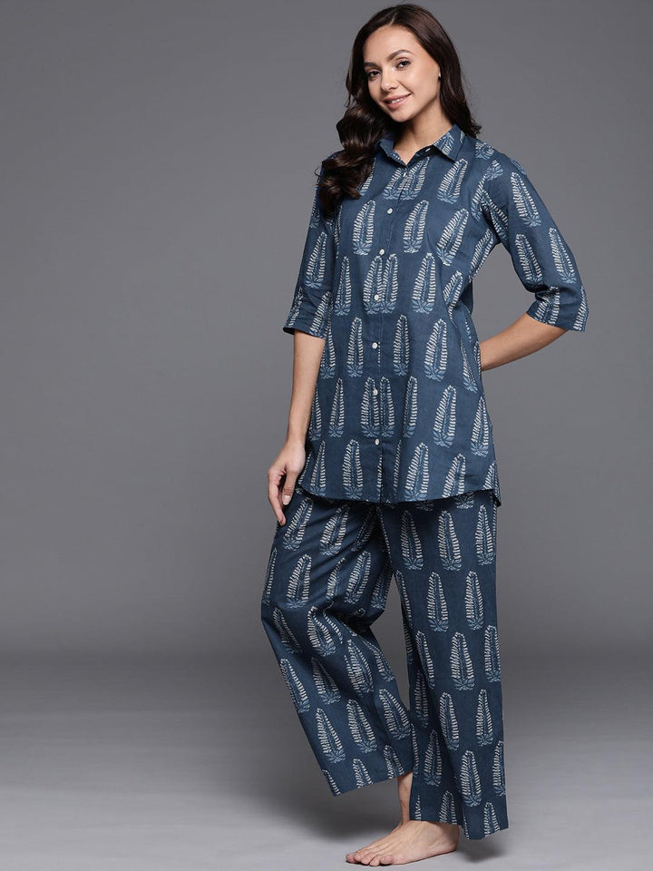 Blue Printed Cotton Night Suit