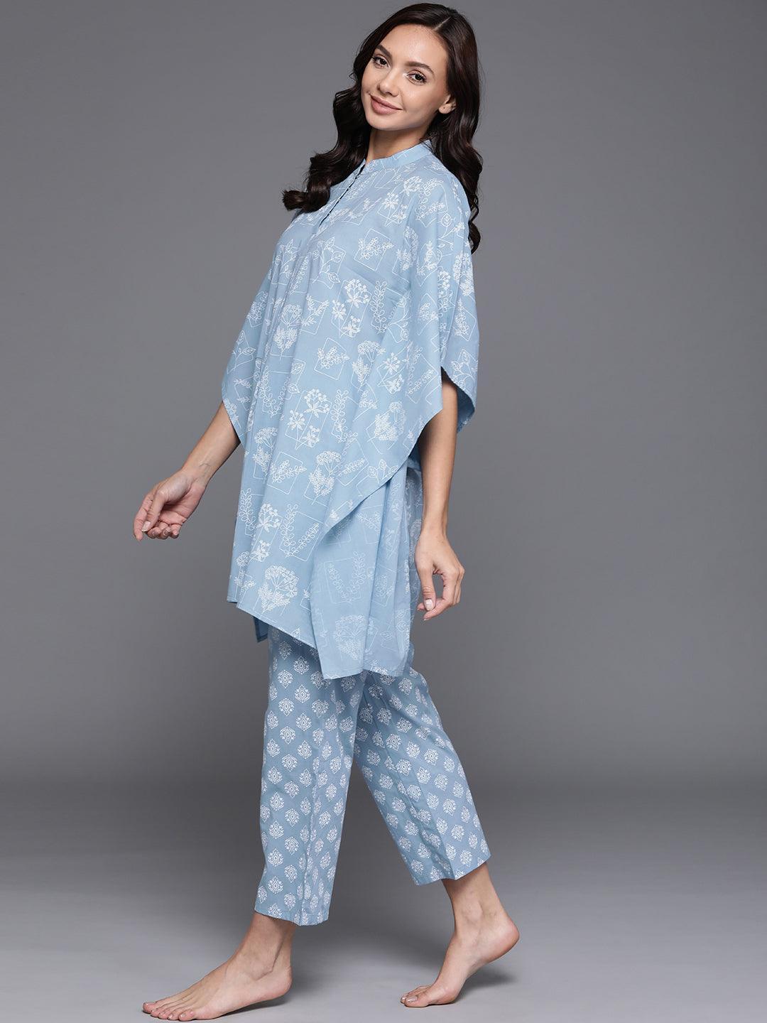 Blue Printed Cotton Night Suit - ShopLibas