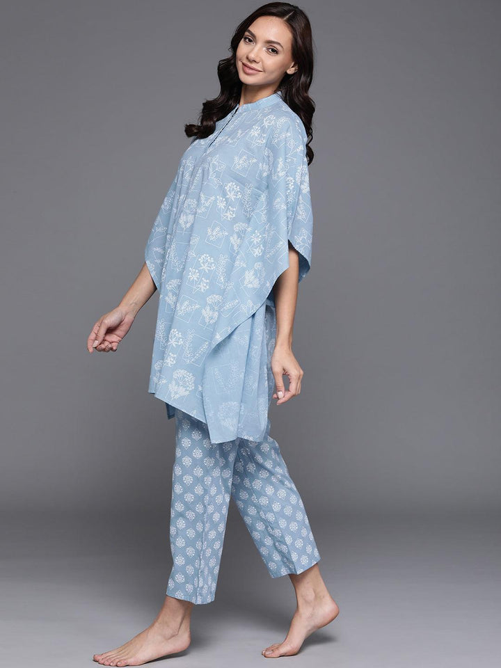 Blue Printed Cotton Night Suit