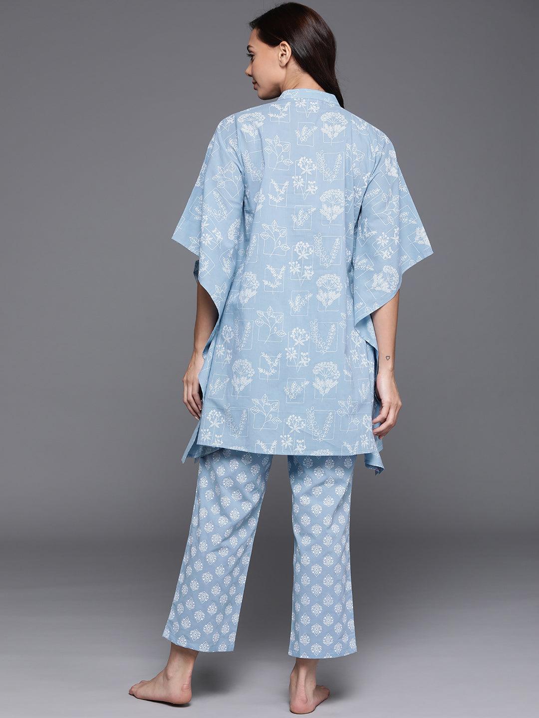 Blue Printed Cotton Night Suit - ShopLibas