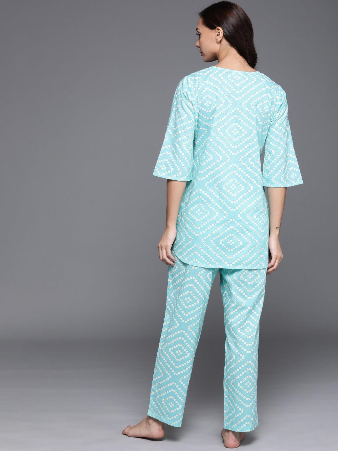 Blue Printed Cotton Night Suit - ShopLibas