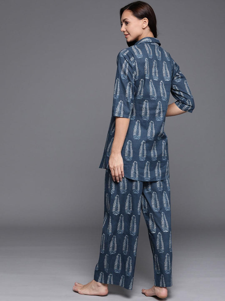 Blue Printed Cotton Night Suit