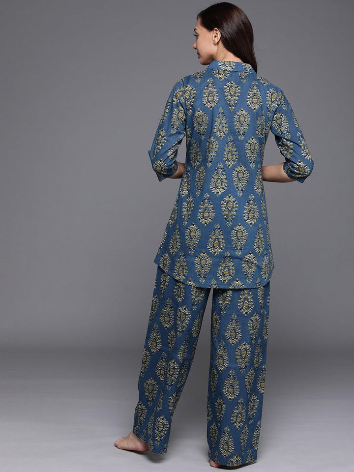 Blue Printed Cotton Night Suit