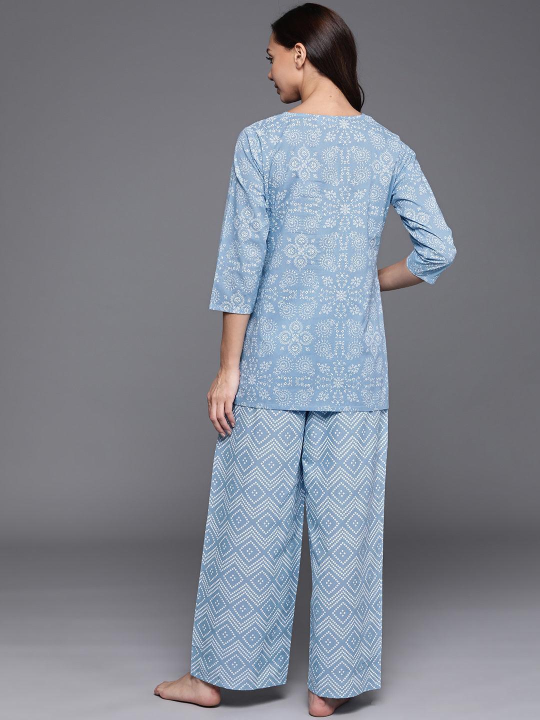 Blue Printed Cotton Night Suit - ShopLibas