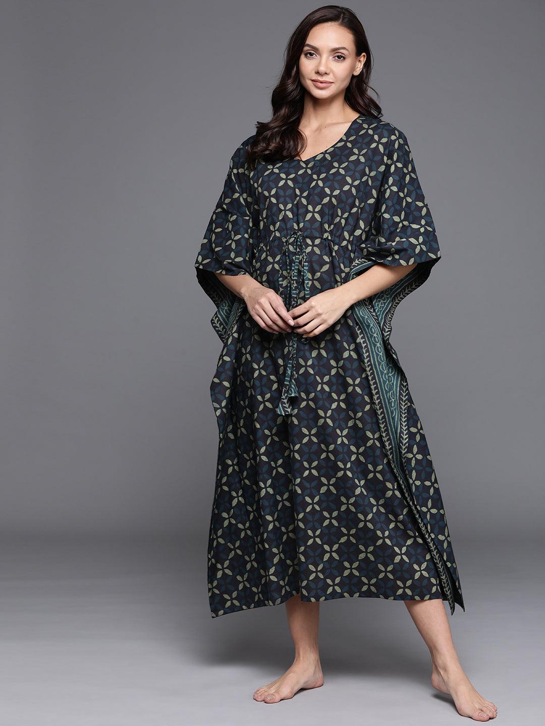 Blue Printed Cotton Nightdress - ShopLibas