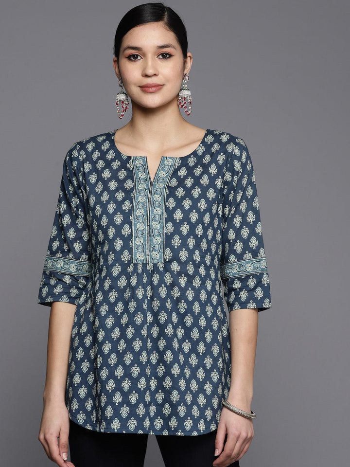 Blue Printed Cotton Pathani Kurti