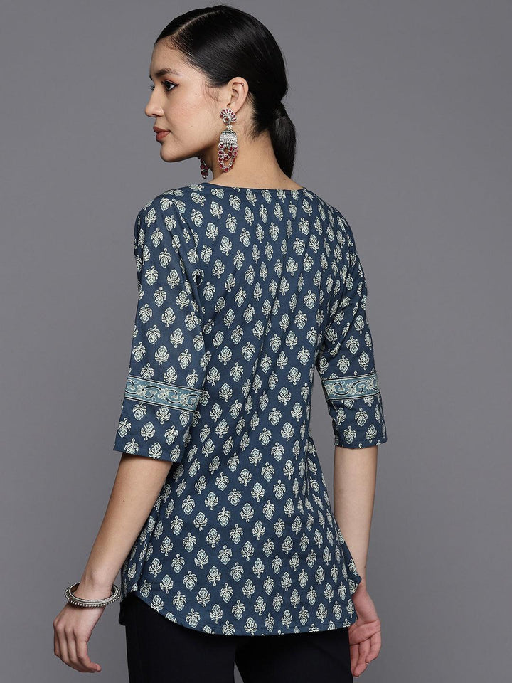 Blue Printed Cotton Pathani Kurti