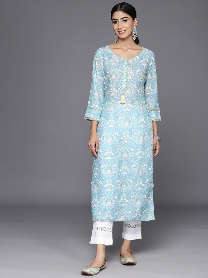 Blue Printed Cotton Straight Kurta