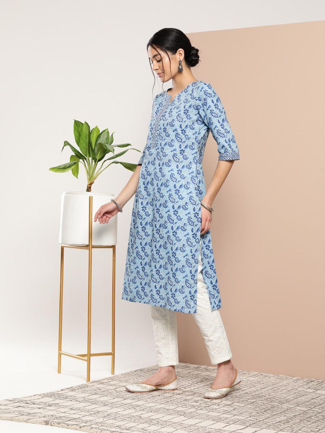 Blue Printed Cotton Straight Kurta - ShopLibas