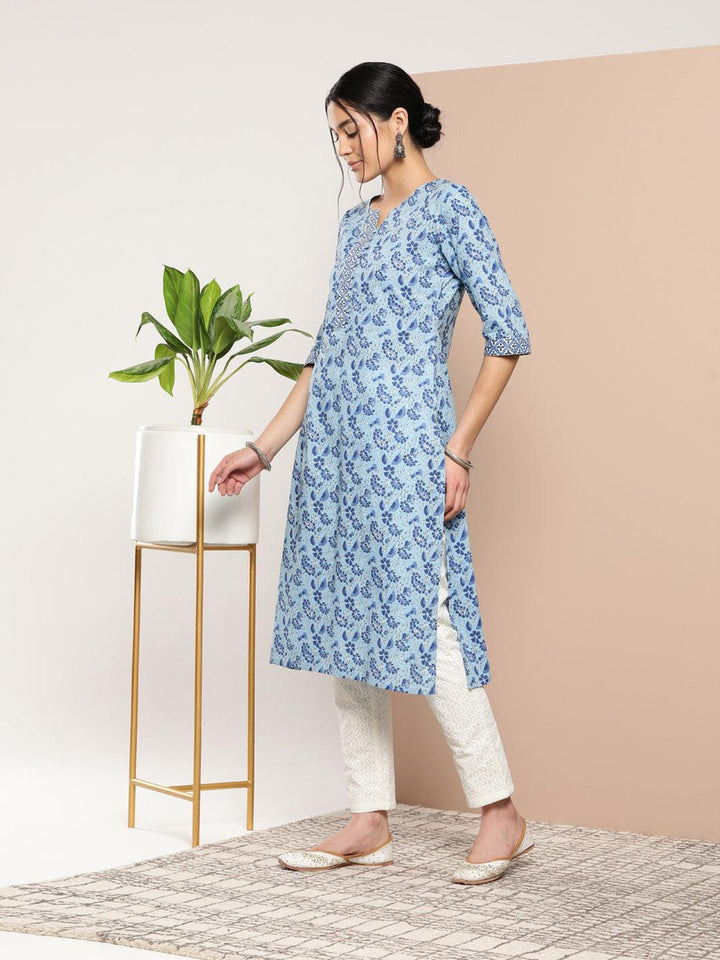 Blue Printed Cotton Straight Kurta