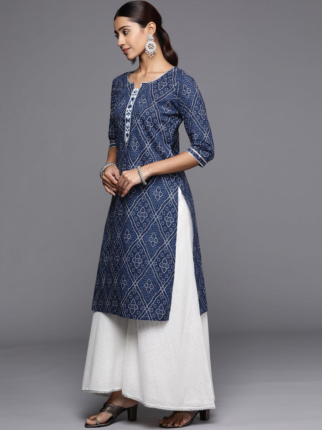Blue Printed Cotton Straight Kurta - ShopLibas