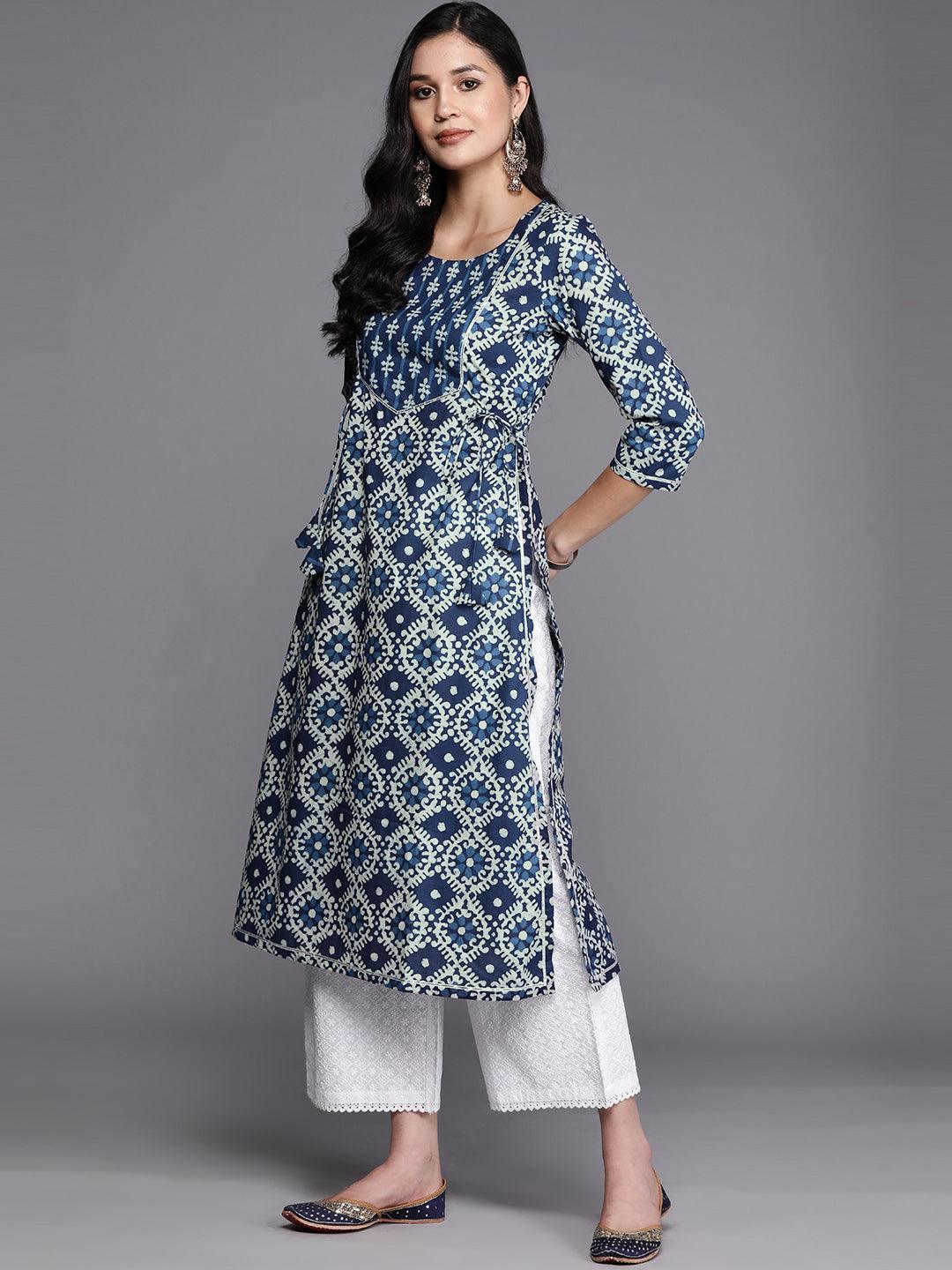 Blue Printed Cotton Straight Kurta - ShopLibas